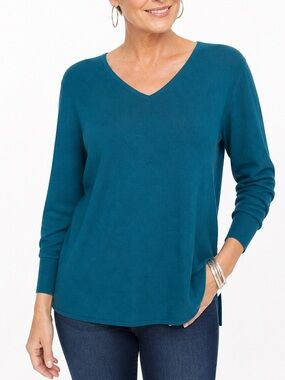 Chico’s Pullover Sweater V-neck Basic Striking Teal Size 3 or XL Cozy Soft